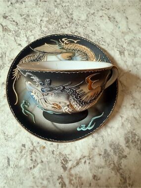 Vintage Hand Painted Japan Dragon Teacup & Saucer Set